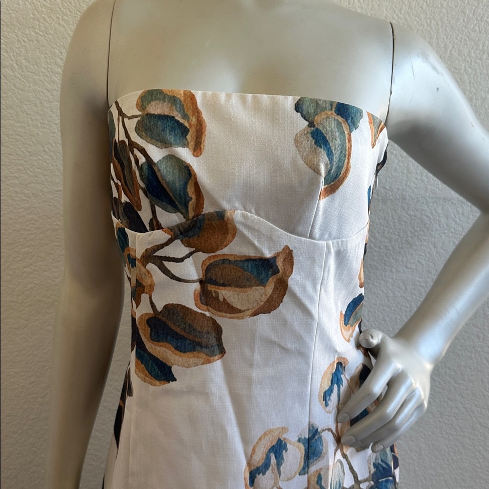 Commense Strapless Cream Dress with Blue and Brown Floral Print - Picture 5 of 8